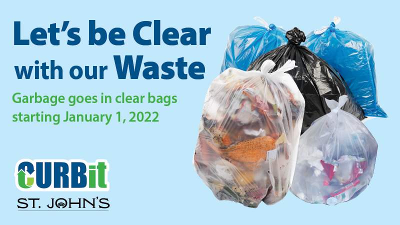 on the right images of: two clear bags with garbage in it, one black garbage bag, two blue recycling bags. Text on the left from top to bottom: Let's be Clear with our Waste. Garbage goes in clear bags starting January 1, 2022. At the bottom logos for Curbit and the City of St. John's 