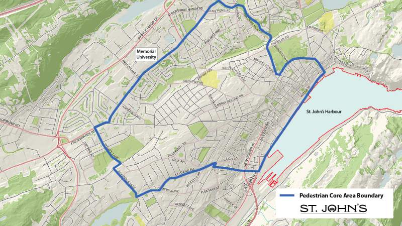 A map of the City of St. John's.  The map outlines an area from the harbourfront to the university area.  This outline shows the 'pedestrian core' where the majority of intersection crossings are on automated pedestrian recall.  The boundary on the map is in yellow and the streets that the boundary follows is defined by a line starting at Springdale Street and Water Street then following Springdale Street, Lemarchant Road, St. Clare Avenue, Campbell Avenue, Ropewalk Lane, Empire Avenue, Stamps Lane, Freshwater Road, Elizabeth Avenue, Rennie’s River, Portugal Cove Road, Rennie’s Mill Road, Military Road, Cavendish Square, and ending at Cavendish Square and Duckworth Street.