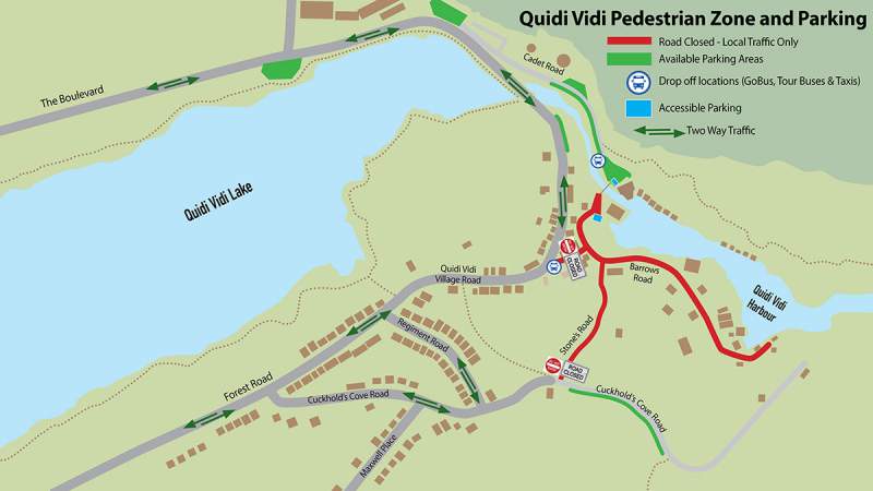 map of pedestrian pilot project in Quidi Vidi Village, the inner gut is closed to traffic