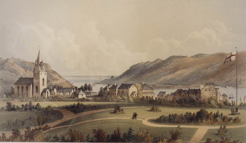 Photo #: 02-03-034  View of St. Thomas' Church and St. John's harbour, or the Narrows, in the background.  The image is from an original watercolour held by the City of St. John's Archives.  Dated 1830s