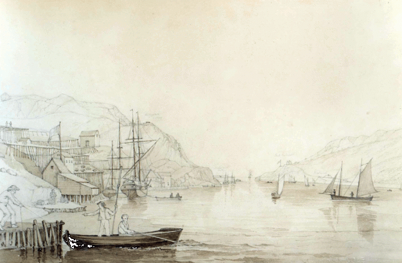Photo #: 12-01-006  The Narrows or entrance to St. John's Harbour as taken from downtown St. John's.  Photo was sketched by Major John Oldfield.  Dated 1831