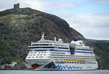 A white and blue cruise ship in St. John's harbour with Signal Hill in the background.