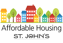 Image of colourful homes with trees, text reads 'Affordable Housing St. John's''