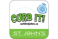Icon for St. John's Waste and Recycling app includes Curb It logo with bouncing blue bag