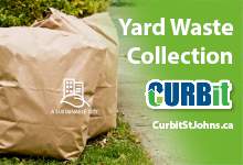 paper yard waste bags on a lawn near a sidewalk. Text is: Yard Waste Collection. Curbit logo and website CurbitStJohns.ca