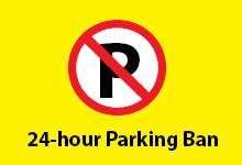 yellow background with a letter P enclosed by a red circle with a red crossbar and text 24-hour Parking Ban