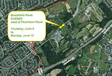 map showing closure on Brookfield Road, west of Pearltown Road