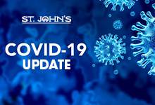 a blue backgound with light blue shapes to represent a coronavirus with text COVID-19 UPDATE and the City of St. John's logo