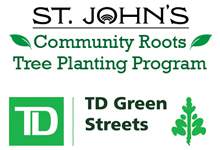 logo for the St. John's Community Roots Tree Planting Program and logo for TD Green Streets