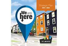 strategic plan cover with colourful row houses and a directional arrow saying We are Here