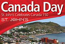 Downtown St. John's with Signal Hill and Cabot Tower with text Canada Day St. John's Celebrates Canada 150