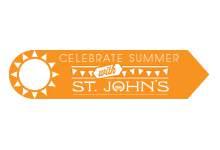 white silhouette of a sun to the left in an orange block pointed at one end, a white silhouette of a flag banner runs horizontally through the middle, with white text: Celebrate Summer with St. John's