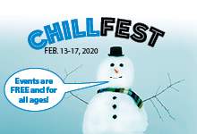 logo for ChillFest, City of St. John's winter celebration, Feb. 13-17,2020. Snowman wearing a hat and scarf says "Events are FREE and for all ages!"