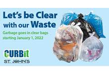 image on the right of two clear bags with garbage inside, one black garbage bag and two blue recycling bags. Text on the left: Let's be Clear with our Waste. Garbage goes in clear bags starting January 1, 2022. In the bottom left is the Curbit logo and City of St. John's logo.