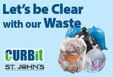 blue image with clear garbage bags that reads 'Let's be Clear with our Waste"