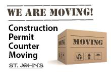 image shows a brown box that says 'moving' and text on white background that says Construction Permit Counter Moving