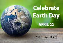 Earth globe on the left with a green background and white text that reads 'Celebrate Earth Day'