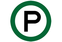 Parking sign, black letter P with a Green circle around it