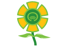 Flower with six yellow petals at the City short form logo at the centre
