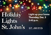 Image shows colourful lights in the background and has text that says Holiday Lights St.John's