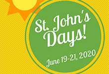 yellow background with sun image in top left corner. Most of the image is a large green circle with white text inside circle: St. John's Days! June 19-21, 2020