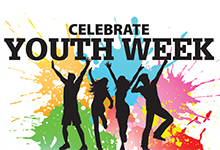 text Celebrate Youth Week above silhouettes of youth with a colour background