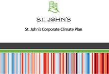 a silhouette of two buildings on a leaf. The St. John's City logo with text underneath "St. John's Corporate Climate Plan". A series of different coloured vertical bars are across the bottom of the image