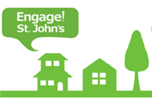 outline in green of two house fronts and a tree, a green speech balloon above it with white text Engage! St. John's