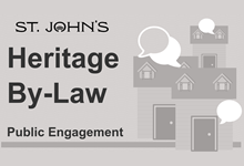 text: St. John's heritage by-law public engagement image: stylized heritage houses with word balloons