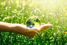 a glass globe is held in the palm of a hand as the sun shines in a grassy field