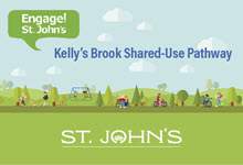 Image of a a path with green grass and blue sky. Text in blue reads 'Kelly's Brook Shared Use Pathway'