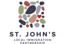 illustrated coloured beach rocks in square with text St. John's Local Immigration Partnership