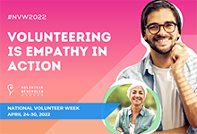 Image with people smiling. Pink background with white text Volunteering is Empathy in Action