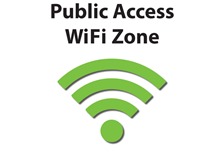 Image shows a green wifi symbol and text reads public access wifi zone.