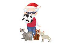 illustrated cartoon image of a casual Santa Claus holding a cat, with other cats standing near his feet