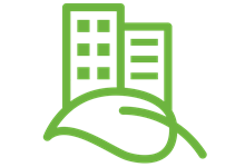 image is a green logo on a white background showing a leaf and a building in the background