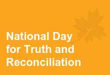 orange background with a dark orange stylized maple leaf in the top right, text underneath in white says National Day for Truth and Reconciliation