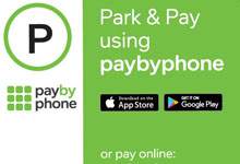 White and green image with text that reads 'Pay by Phone, park and pay using pay by phone'