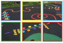 Image shows asphalt with bright colours marking out games on the ground