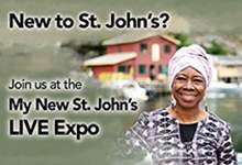 image of a woman smiling and looking at the camera with a red house in the background. The text reads 'New to St. John's? Join us at the My New St. John's LIVE Expo'