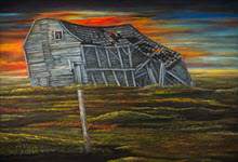 painting of an old wooden barn that is dilapidated and leaning as if about to fall down. the barn is in the middle of a green & gold field with the sky behind the barn glowing red, orange and blue from a setting sun.
