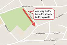 map image with arrow showing direction of one-way traffic flow on Linscott Street from Freshwater Road to Pennywell Road