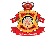 logo of the St. John's Regional Fire Department with additional 3 banners with text: 1895; 2020; 125th Anniversary