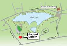 map of Mundy Pond showing new proposed site location for Mews Centre replacement