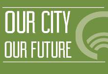 image with green background and text Our City Our Future with stylized O from the St. John's corporate logo