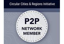 badge for Circular Cities and Regions Initiative Peer to Peer Network Member. A grey circle with black text inside: P2P Network Member. Above the circle is text: Circular Cities & Regions Initiative
