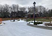 A section of The Loop skating trail at Bannerman Park showing the Gazebo to the centre right and on the far left a temporary fence installed due to COVID restrictions