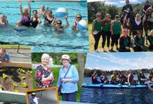 a collage of summer fun photos: a group of seniors having fun in a swimming pool, young adults with police horses, a child at a garden box, senior women in a park, young adults on a large stand up paddleboard