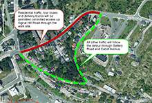 map image with text showing detour and traffic flow for Signal Hill 2017 water main replacement