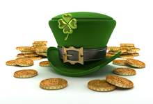 Green St. Patrick's Day hat surrounded by gold coins
